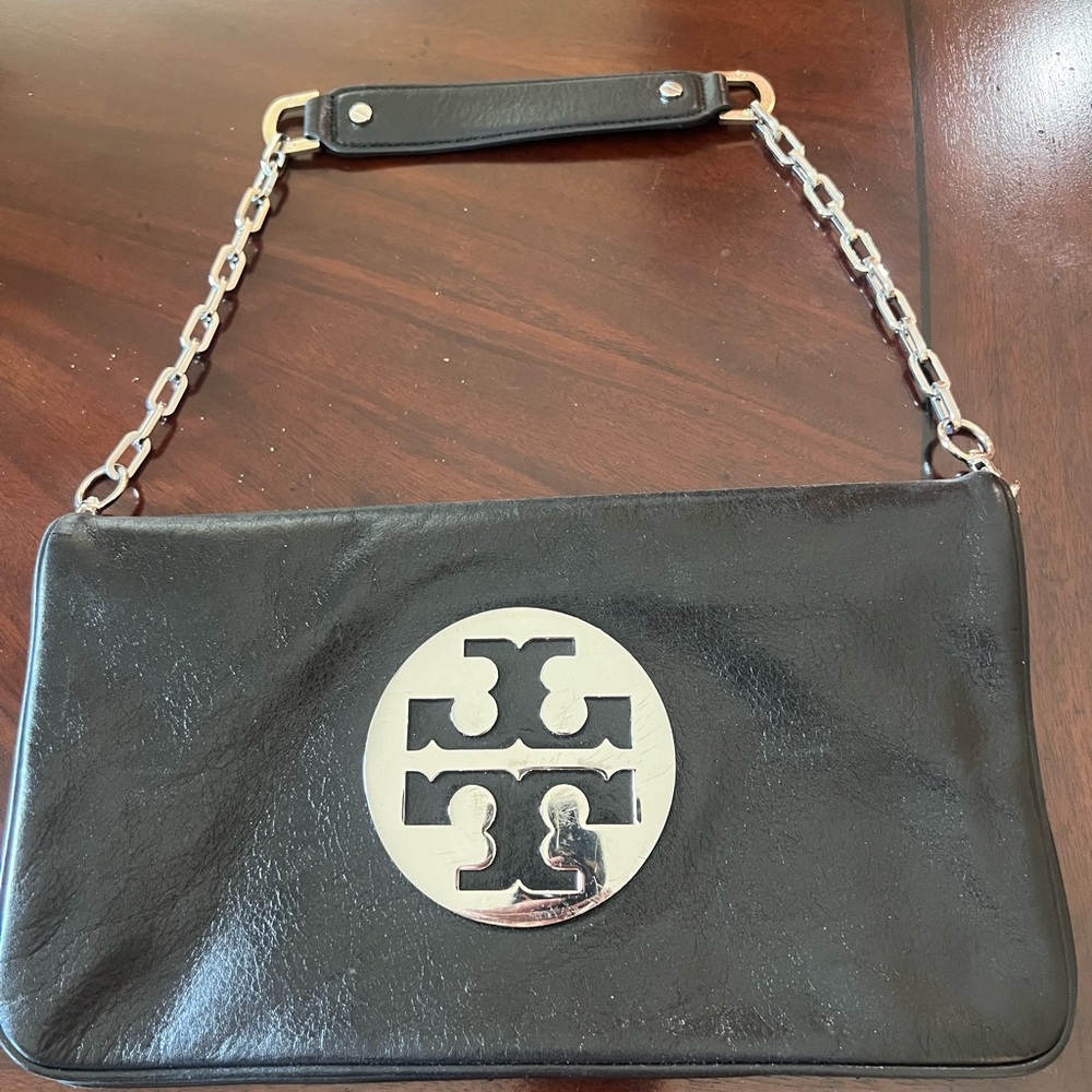 Tory Burch Black Leather Clutch with Silver Logo